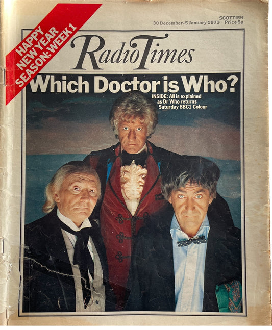 Vintage Radio Times Magazine 30 December - 05 January 1973 - Which Doctor Is Who Dr Who Front Cover 10th Anniversary - Ultra Rare - Good Condition