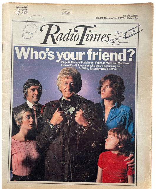 Vintage Radio Times Magazine 15th - 21st December 1973 - Who's Your Friend? - Dr Who Front Cover - Ultra Rare - Good Condition