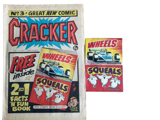 Vintage Rare Cracker Weekly Comic Magazine Issue No. 3 Comic Every Monday 1st February 1975 With Free Gift - 2 In 1 Facts N Fun Book - Wheels &amp; Squeals - Former Shop Stock