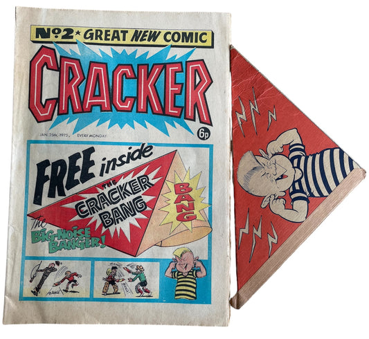 Vintage Rare Cracker Weekly Comic Magazine Issue No. 2 Comic Every Monday 25th January 1975 With Free Gift - The Big Noise Cracker Banger - Former Shop Stock