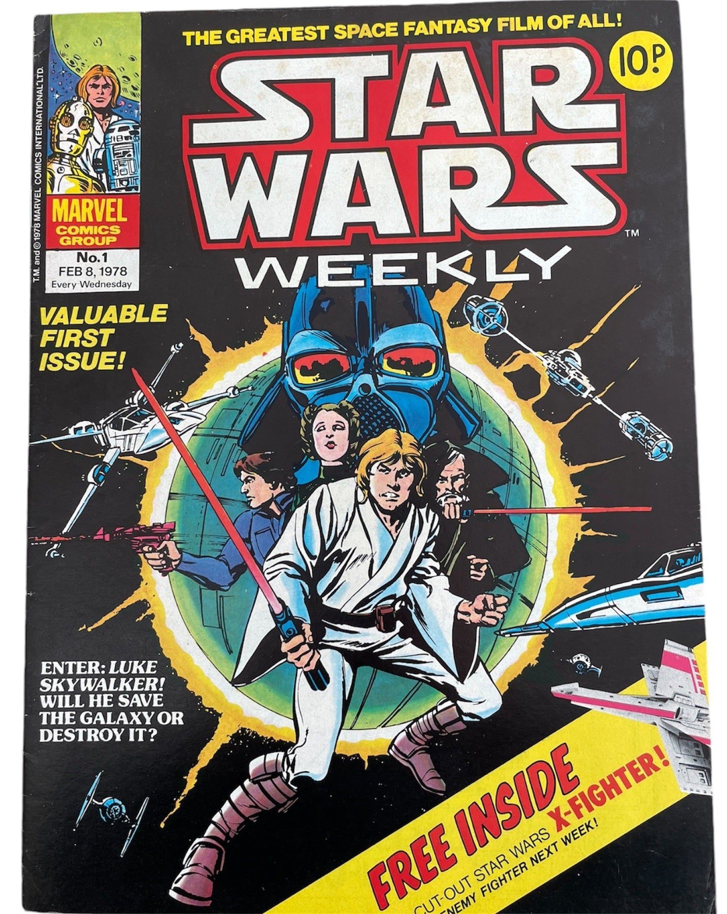 Vintage Star Wars Weekly Comic Issue Number 1 Feb 8th 1978, Valuable First Issue With Free Gift - A Cut Out X-Wing Fighter - Former Shop Stock