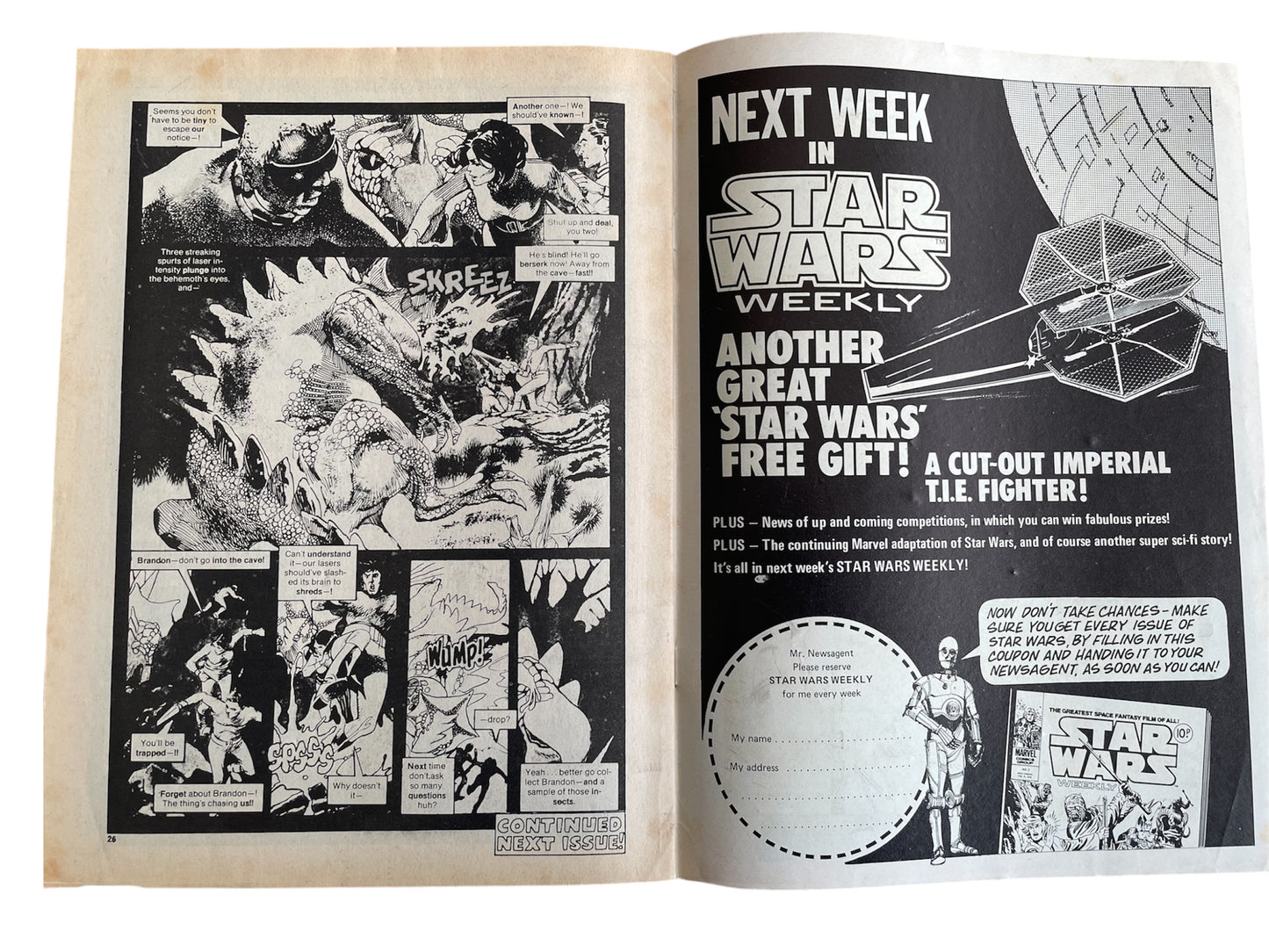 Vintage Star Wars Weekly Comic Issue Number 1 Feb 8th 1978, Valuable First Issue With Free Gift - A Cut Out X-Wing Fighter - Former Shop Stock