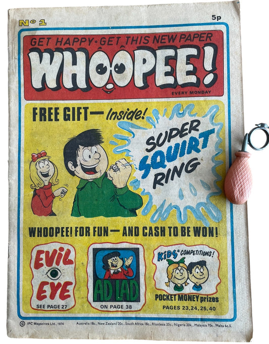 Vintage Rare Whoopee Weekly Comic Magazine Issue No. 1 Comic Every Monday 9th March 1974 With Free Gift - Super Squirt Ring - Former Shop Stock