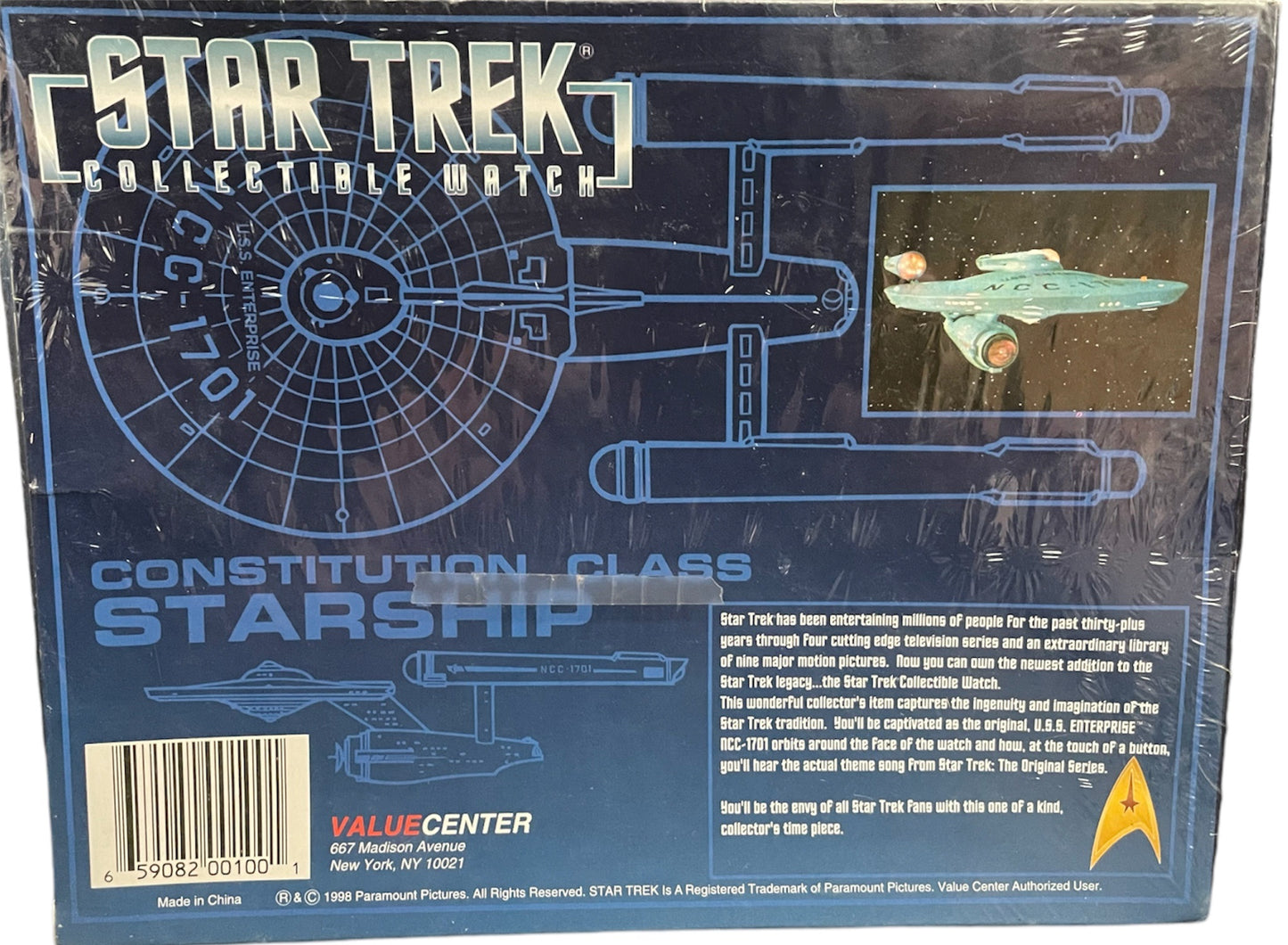 Vintage Valuecenter 1996 Star Trek The Original Series USS Enterprise Star Ship Collectable Analogue Wrist Watch - Plays Original Theme Tune - Factory Sealed Shop Stock Room Find