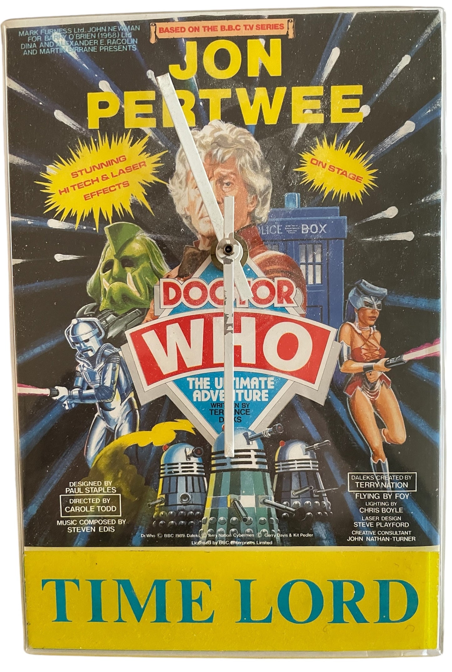 Vintage 1989 Doctor Dr Who The Ultimate Adventure Jon Pertwee Autographed Clock, Program, Poster And Dalek Stand-Up - Fantastic Condition Ultra Rare Collection