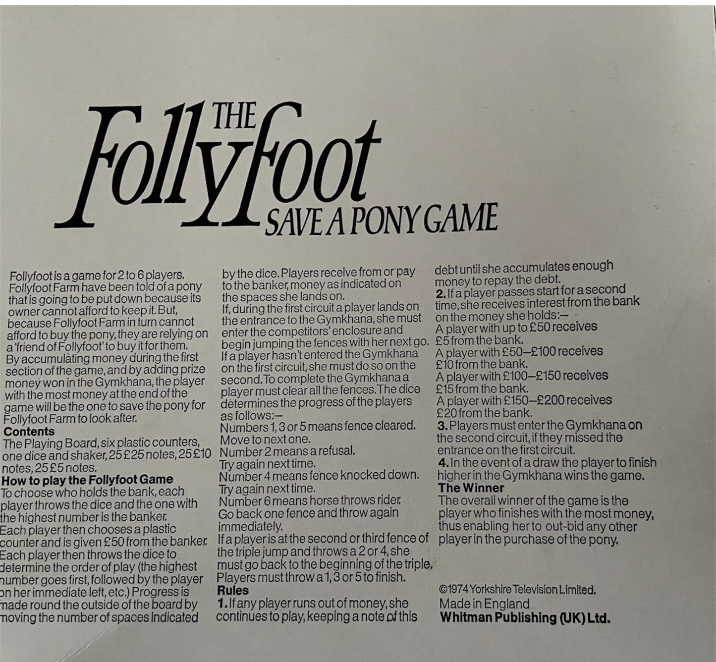 Vintage Whitman 1974 - The Follyfoot Save A Pony Board Game - Based On The Highly Popular Television Program - Very Good Condition and Complete In The Original Box