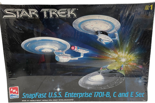 Vintage AMT/ERTL 1998 Star Trek The Next Generation SnapFast USS Enterprise NCC-1701B, C And E - Highly Detailed Snap Together Model Kit With Display Stand - Model No. 8002 - Factory Sealed Shop Stock Room Find