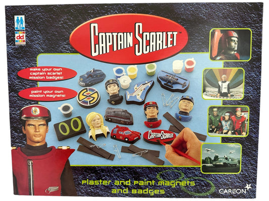 Vintage 2001 Gerry Andersons Captain Scarlet And The Mysterons Plaster And Paint Magnets And Badges Set - Factory Sealed Shop Stock Room Find