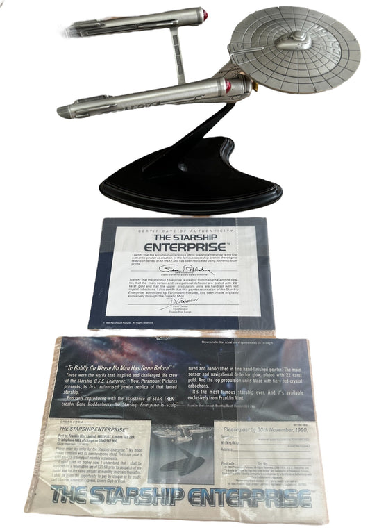 Vintage 1989 Franklin Mint - The Official Star Trek The Original Series The Starship Enterprise NCC-1701 Pewter Model With Display Stand & COA - Shop Stock Room Find