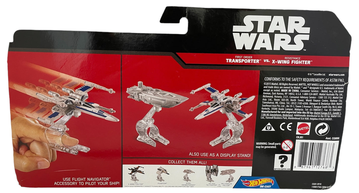 Vintage 2015 Star Wars Hot Wheels Die-Cast First Order Transporter &amp; The Resistance X-Wing Fighter Space Vehicles - Brand New Factory Sealed Shop Stock Room Find