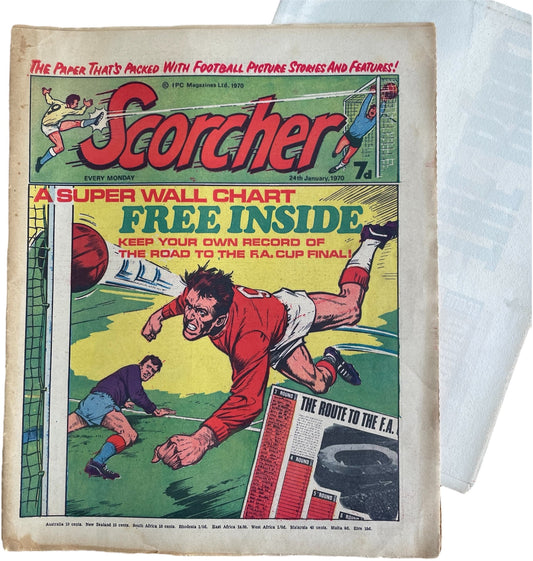 Vintage 1970 Scorcher Issue No. 3 With Free Gift - Boys Football Comic Every Monday 24th January 1970 - Former Shop Stock