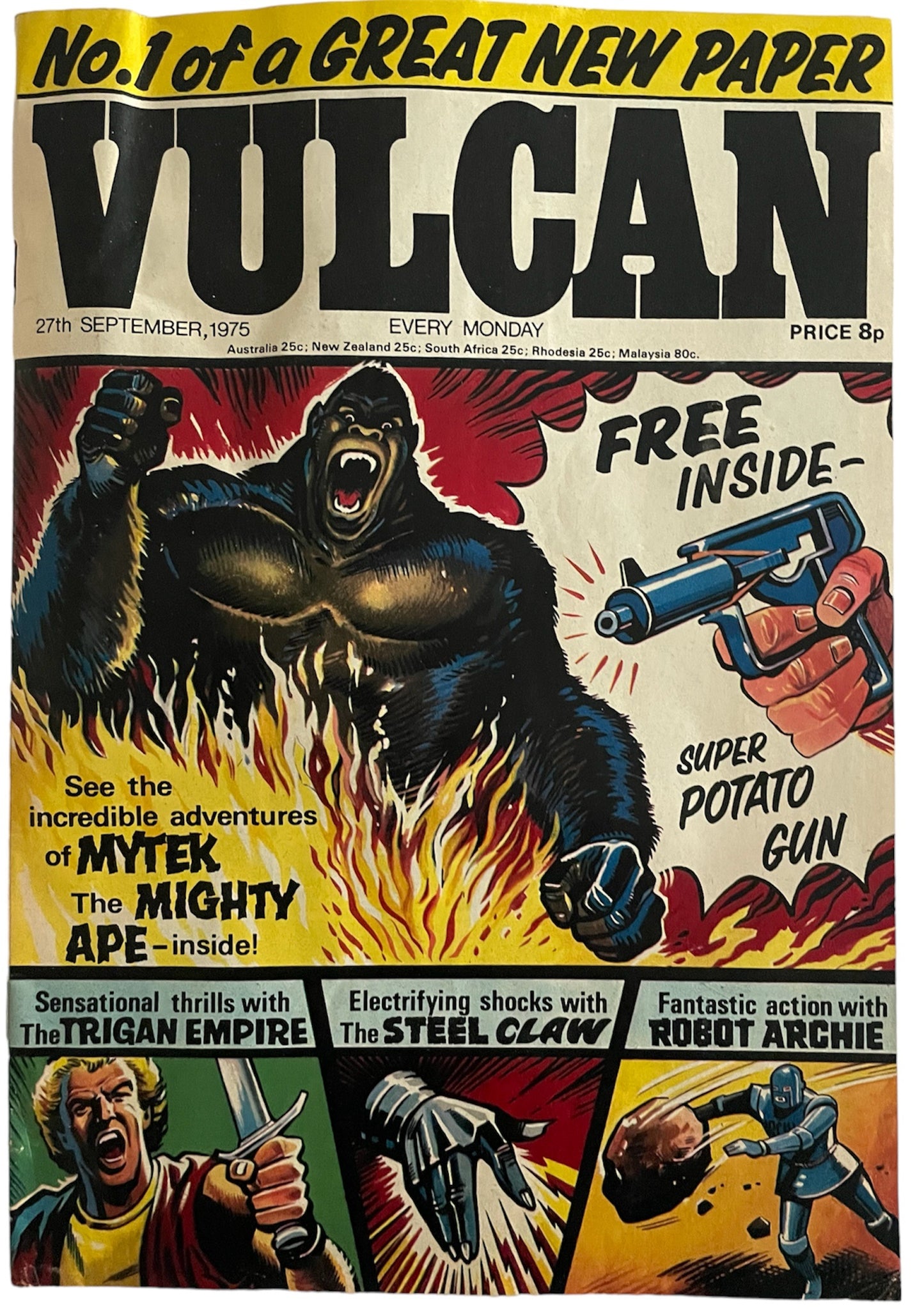 Vintage 27th September 1975 Vulcan Weekly Comic Magazine Paper No. 1 - Fantastic First Issue - With The Free Gift - Super Potato Gun - Former Shop Stock