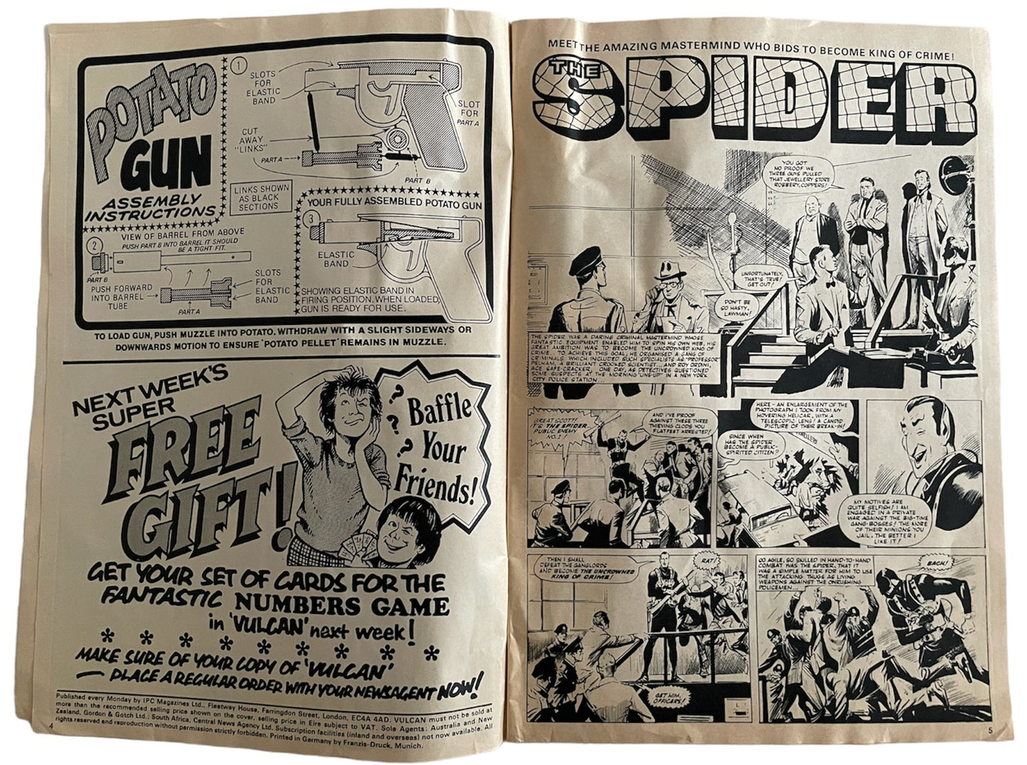 Vintage 27th September 1975 Vulcan Weekly Comic Magazine Paper No. 1 - Fantastic First Issue - With The Free Gift - Super Potato Gun - Former Shop Stock