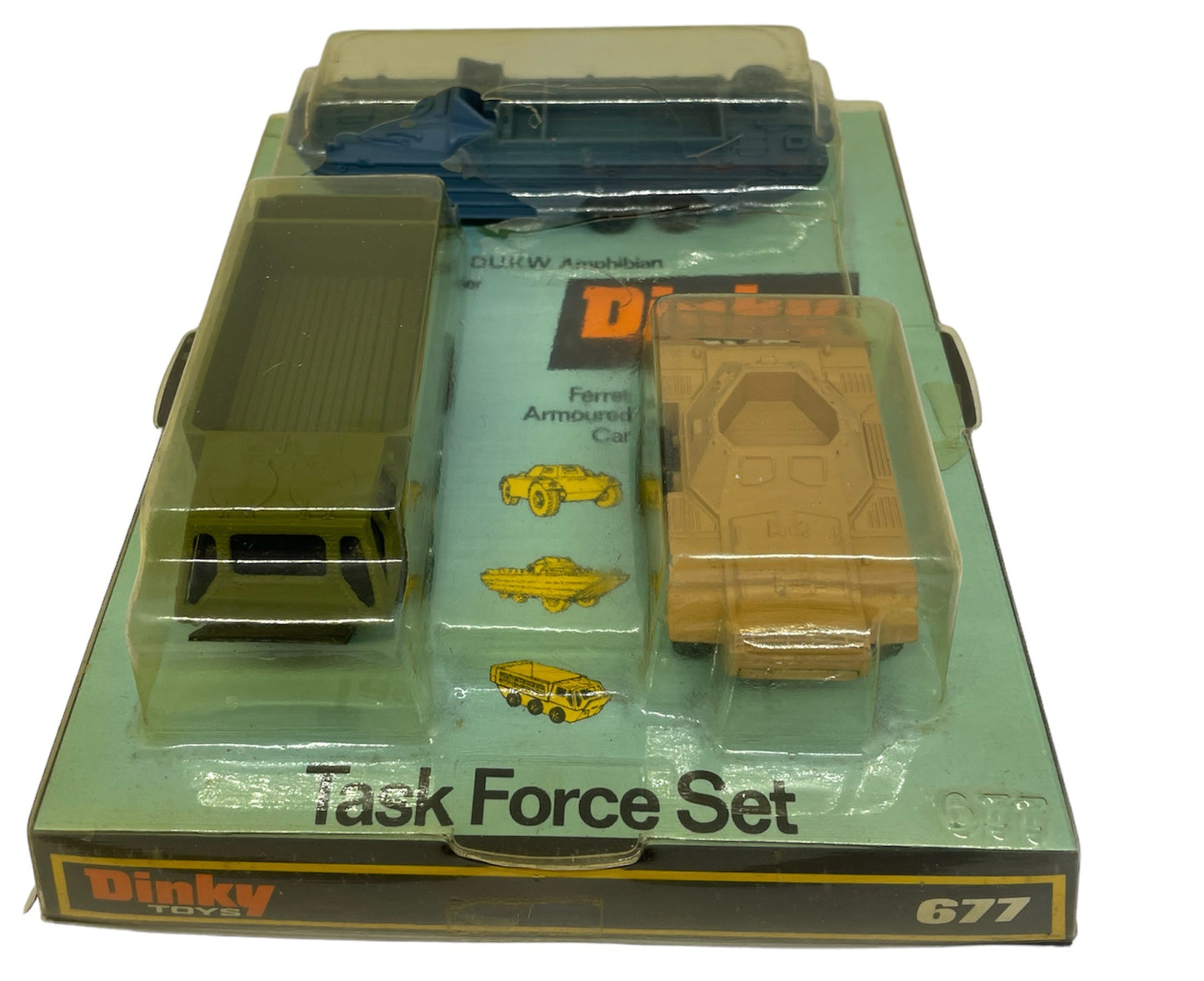 Vintage 1975 Dinky Toys No. 677 Task Force Diecast Metal Model Vehicles Set - Includes Amphibian, Load Carrier And Armoured Car - Shop Stock Room Find