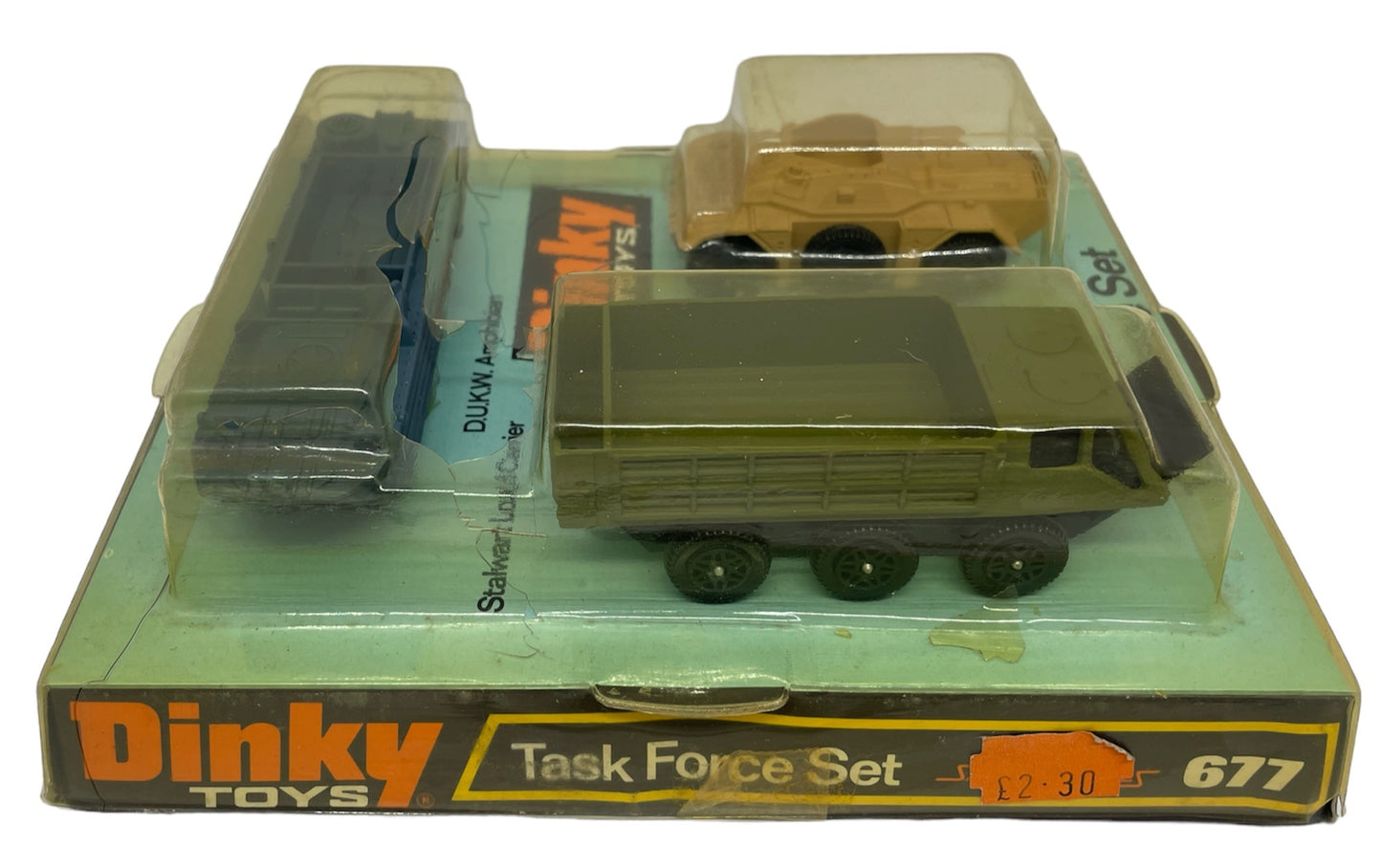 Vintage 1975 Dinky Toys No. 677 Task Force Diecast Metal Model Vehicles Set - Includes Amphibian, Load Carrier And Armoured Car - Shop Stock Room Find