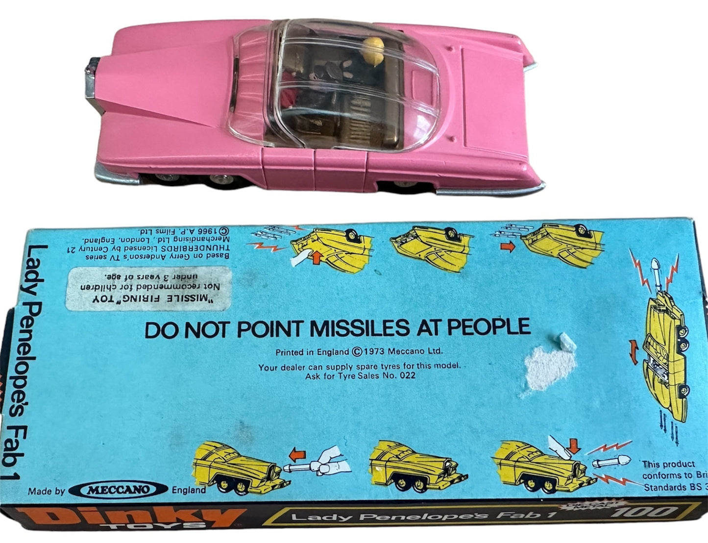 Vintage Dinky Toys 1973 Gerry Andersons Thunderbirds Dinky 100 Die-Cast Lady Penelopes Fab 1 Pink Rolls Royce Car On Original Display Plinth - Former Shop Stock