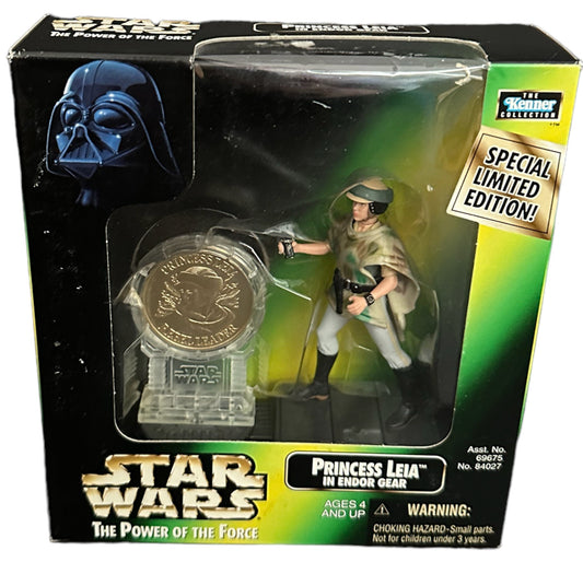 Vintage 1998 Star Wars Saga The Power Of The Force Special Limited Edition Princess Leia In Endor Gear Action Figure With Exclusive Millennium Minted Coin - Factory Sealed Shop Stock Room Find