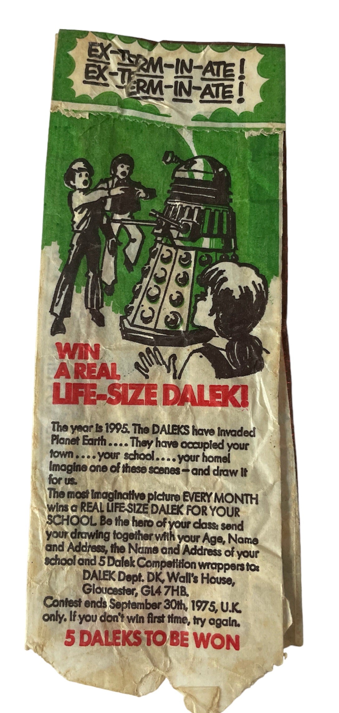 Vintage 1975 Walls Dr Who -Daleks Death Ray Ice Lolly Wrapper - Superb Condition - Ultra Rare