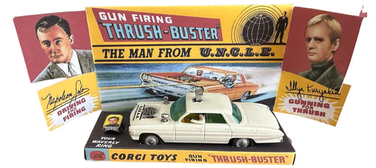 Vintage Corgis 1966 The Man From Uncle Thrush Buster White Oldmobile Super 88 Diecast Replica Vehicle With The Waverly Ring Boxed With Display Plinth