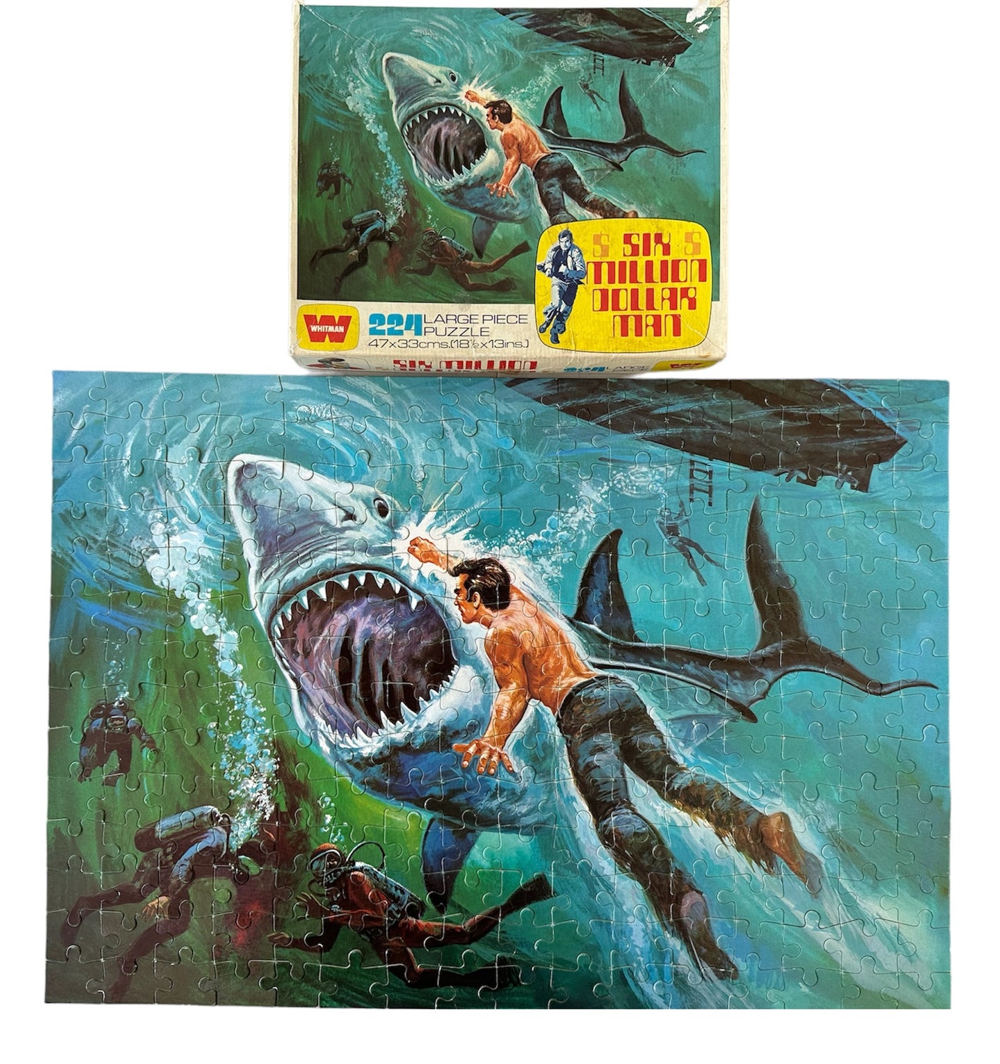 Vintage Whitman 1976 The Six Million Dollar Man 224 Large Piece Jigsaw Puzzle Number 7757 Animated Underwater Great White Shark Fight - Fantastic  Condition 100% Complete And In The Original Box