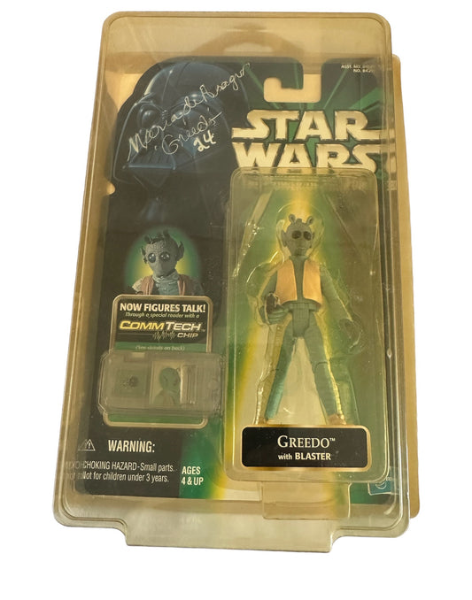 Vintage 1999 Star The Power Of The Force Wars Greedo Action Figure With Commtalk Chip - Autographed by Greedo Actress Maria de Aragon - Limited Edition With COA