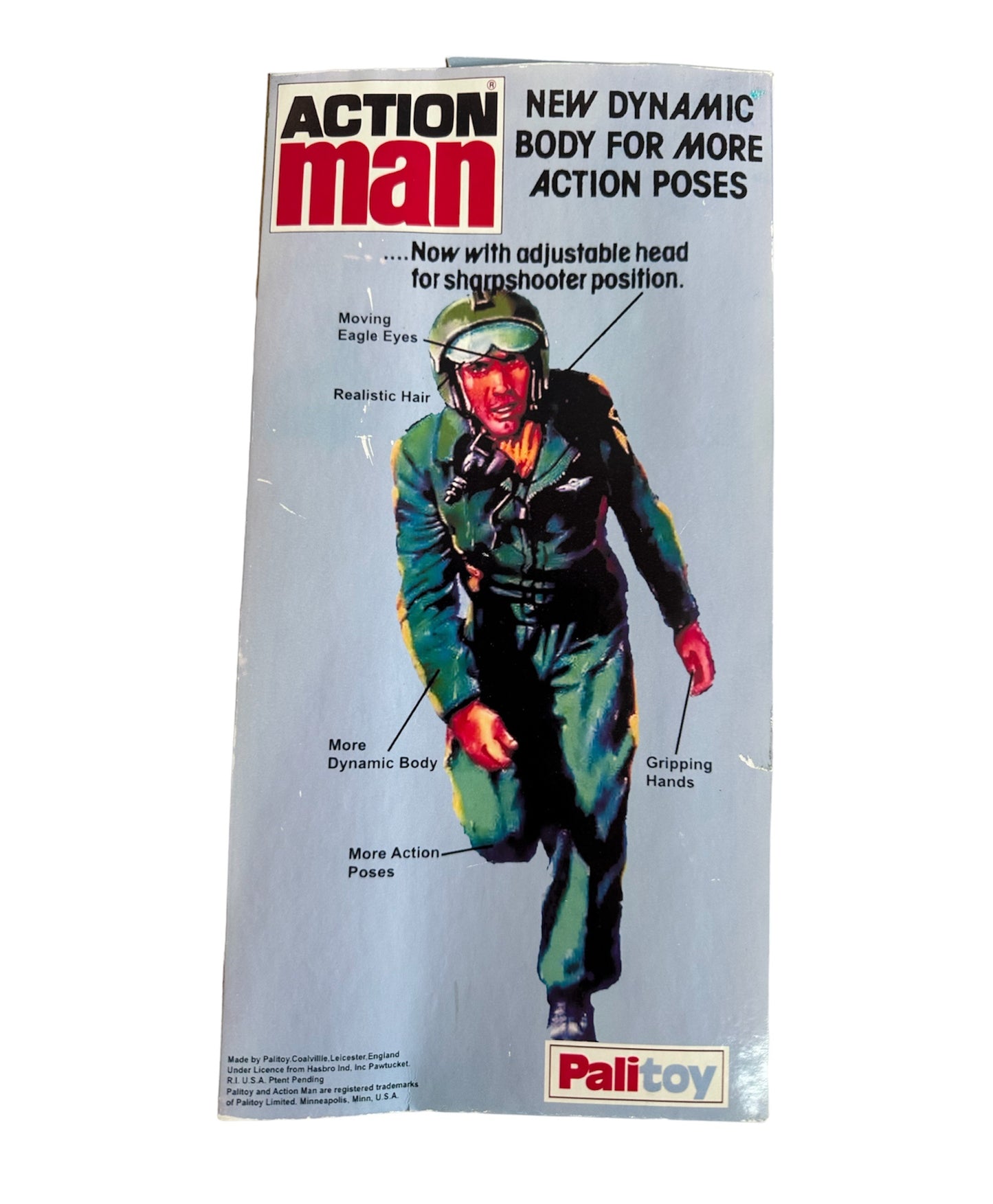 Vintage 1975 Action Man Helicopter Pilot Figure With Realistic Brown Hair And Gripping Hands - In Reproduction Box