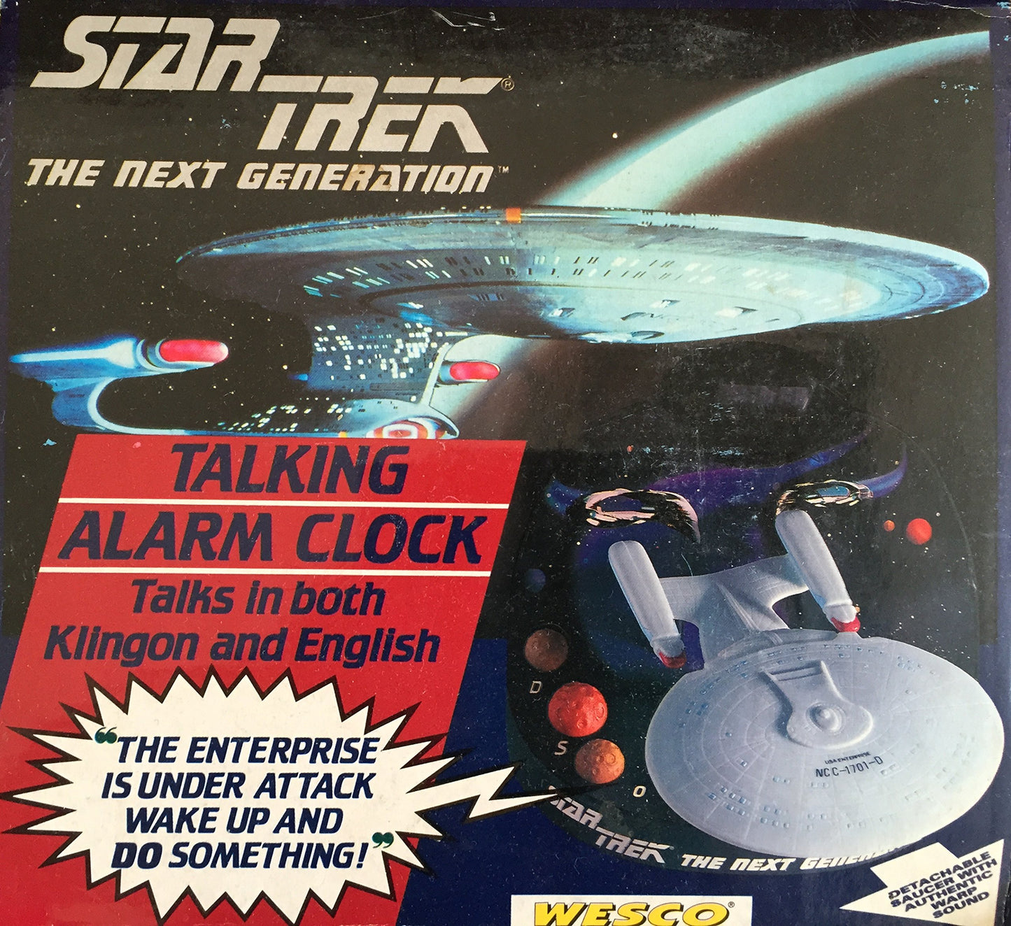 Vintage 1994 Star Trek The Next Generation USS Enterprise NCC-1701D Talking Alarm Clock - Speaks In English And Klingon - Shop Stock Room Find