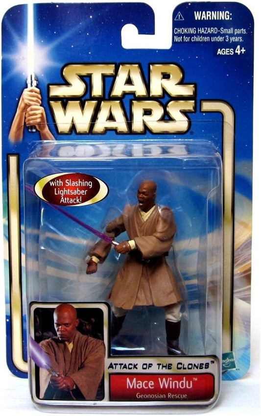 Vintage 2002 Star Wars The Attack Of The Clones Mace Windu Geonosian Rescue Action Figure With Slashing Lightsaber Attck Action - Brand New Factory Sealed Shop Stock Room Find