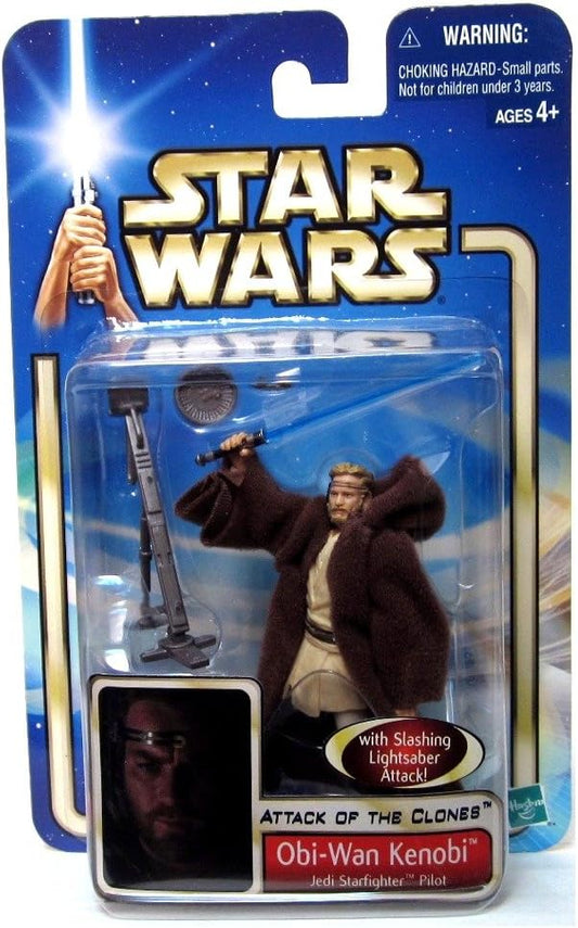 Vintage 2002 Star Wars The Attack Of The Clones Obi-Wan Kenobi Jedi Starfighter Pilot Action Figure With Slashing Lightsaber Attack Action - Brand New Factory Sealed Shop Stock Room Find