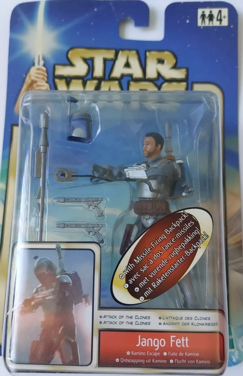 Vintage 2002 Star Wars Attack Of The Clones Young Kamino Ecape Jango Fett Action Figure With Missile Firing Backpack - Factory Sealed Shop Stock Room Find