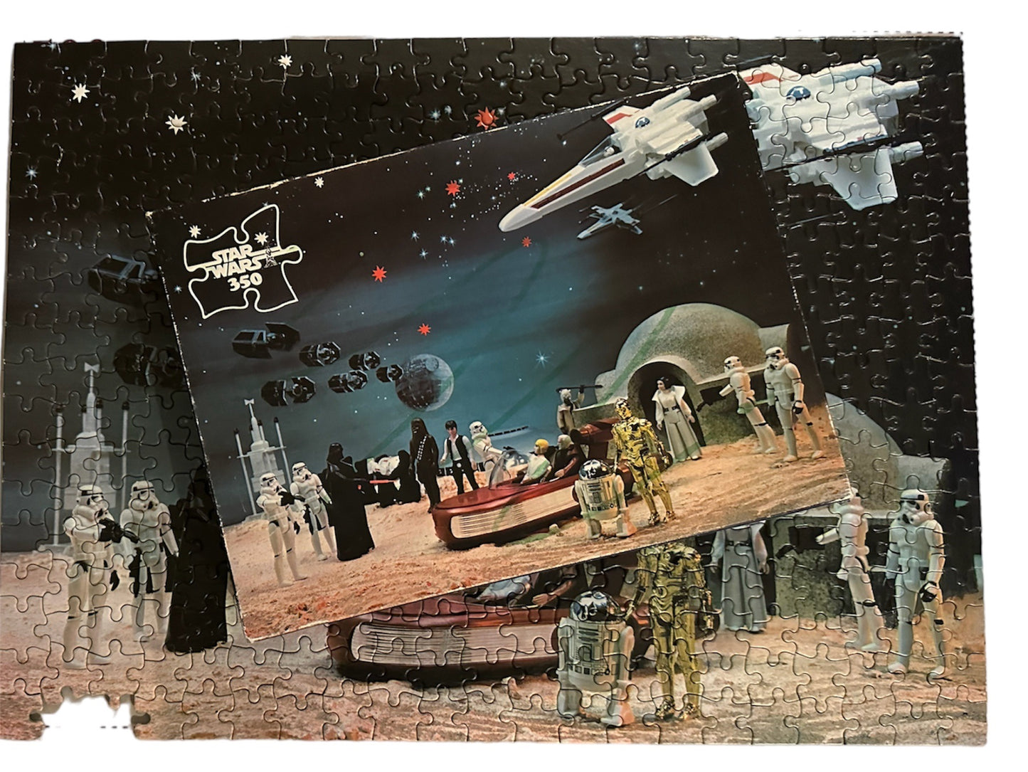 Vintage 1979 Waddingtons Star Wars Kenners Action Figures 350 Piece Jigsaw Puzzle No. 194A - Encounter at Lars Homestead On Tatooine - Incomplete, 2 x Edge Pieces Missing - In The Original Box - Very Very Rare