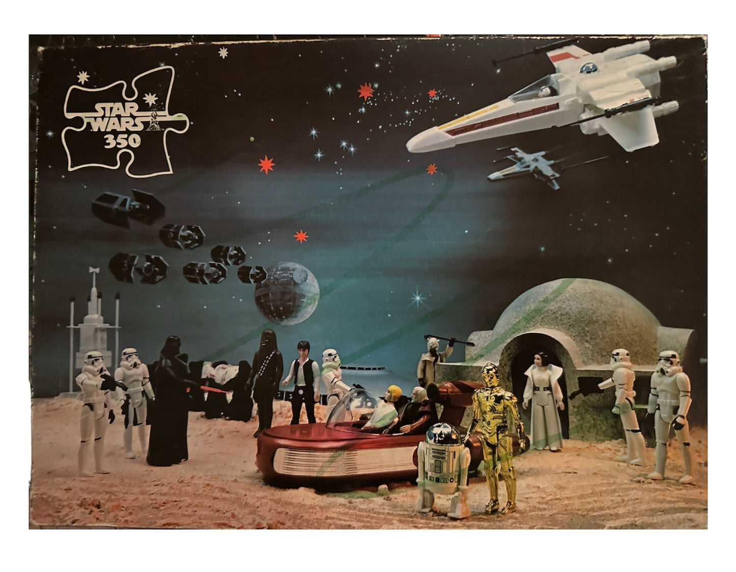 Vintage 1979 Waddingtons Star Wars Kenners Action Figures 350 Piece Jigsaw Puzzle No. 194A - Encounter at Lars Homestead On Tatooine - Incomplete, 2 x Edge Pieces Missing - In The Original Box - Very Very Rare