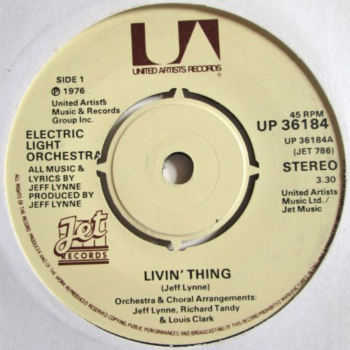 Electric Light Orchestra A.Side Livin' Thing, B.Side Fire On High Jet Records Label 1976 7" 45 rpm Single Record