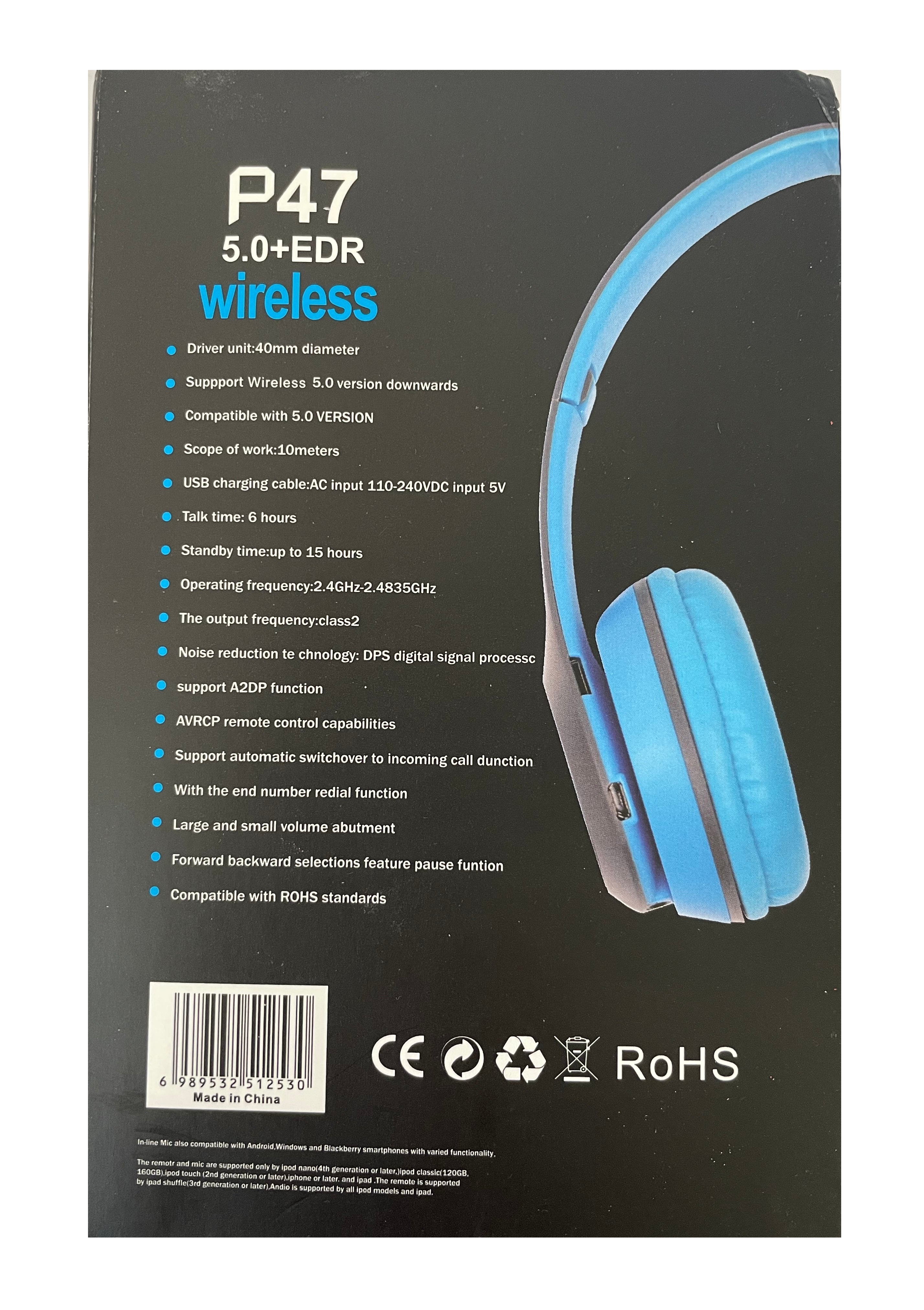 P47 5.0 EDR Wireless Headphones Bluetooth Foldable and Extendable Rechargeable Colour Blue Factory Sealed