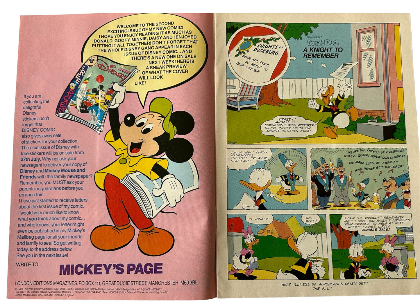 Vintage 1989 Disney Mickey Mouse And Friends Comic Issue Number 2 - With Free Gift Disney Stickers - Former Shop Stock