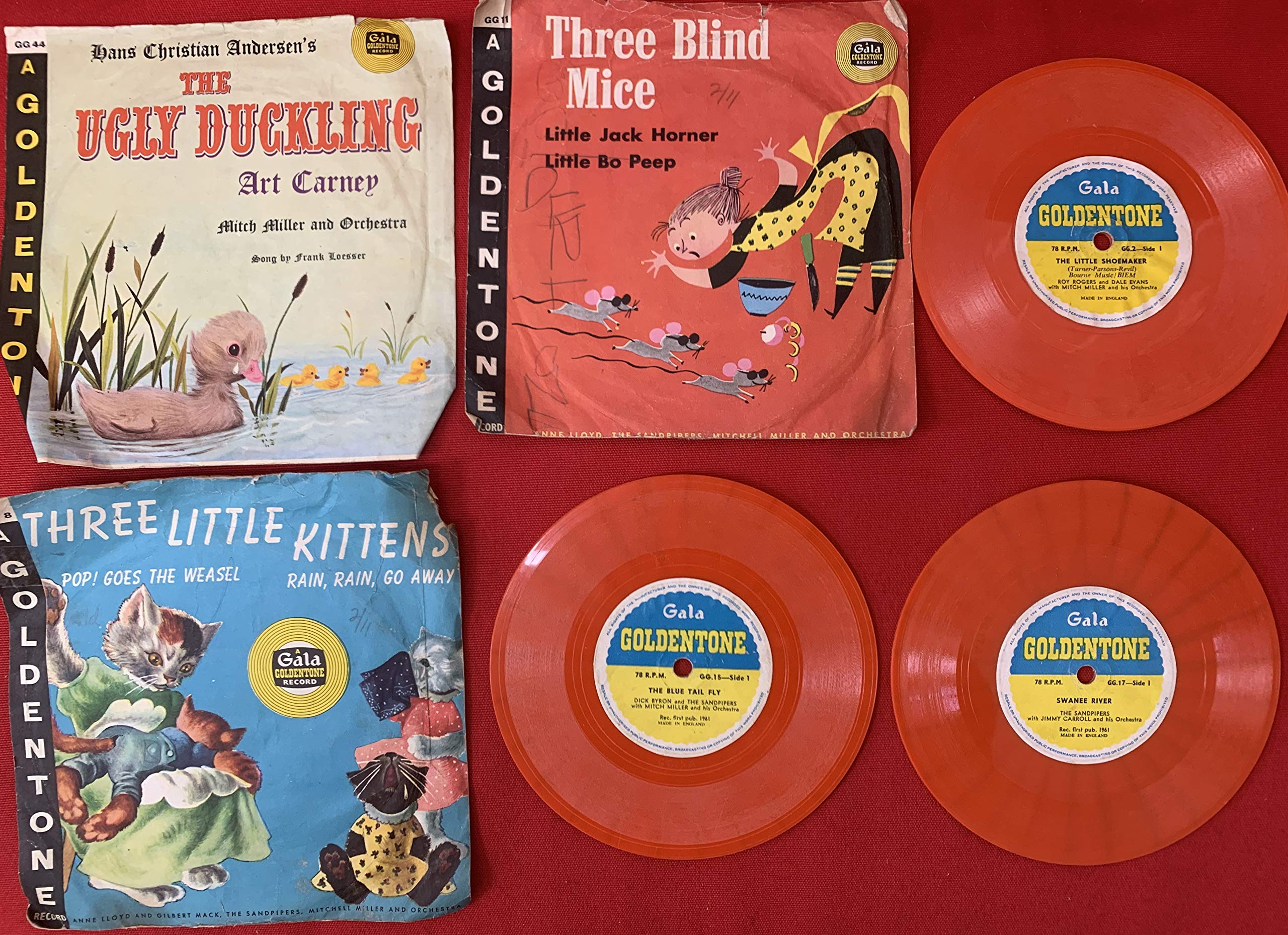 Vintage 1960s Gala Goldentone Set Of 6 Childrens Orange Vinyl Records 78RPM  6 Inch - Stories & Nursery Rhymes