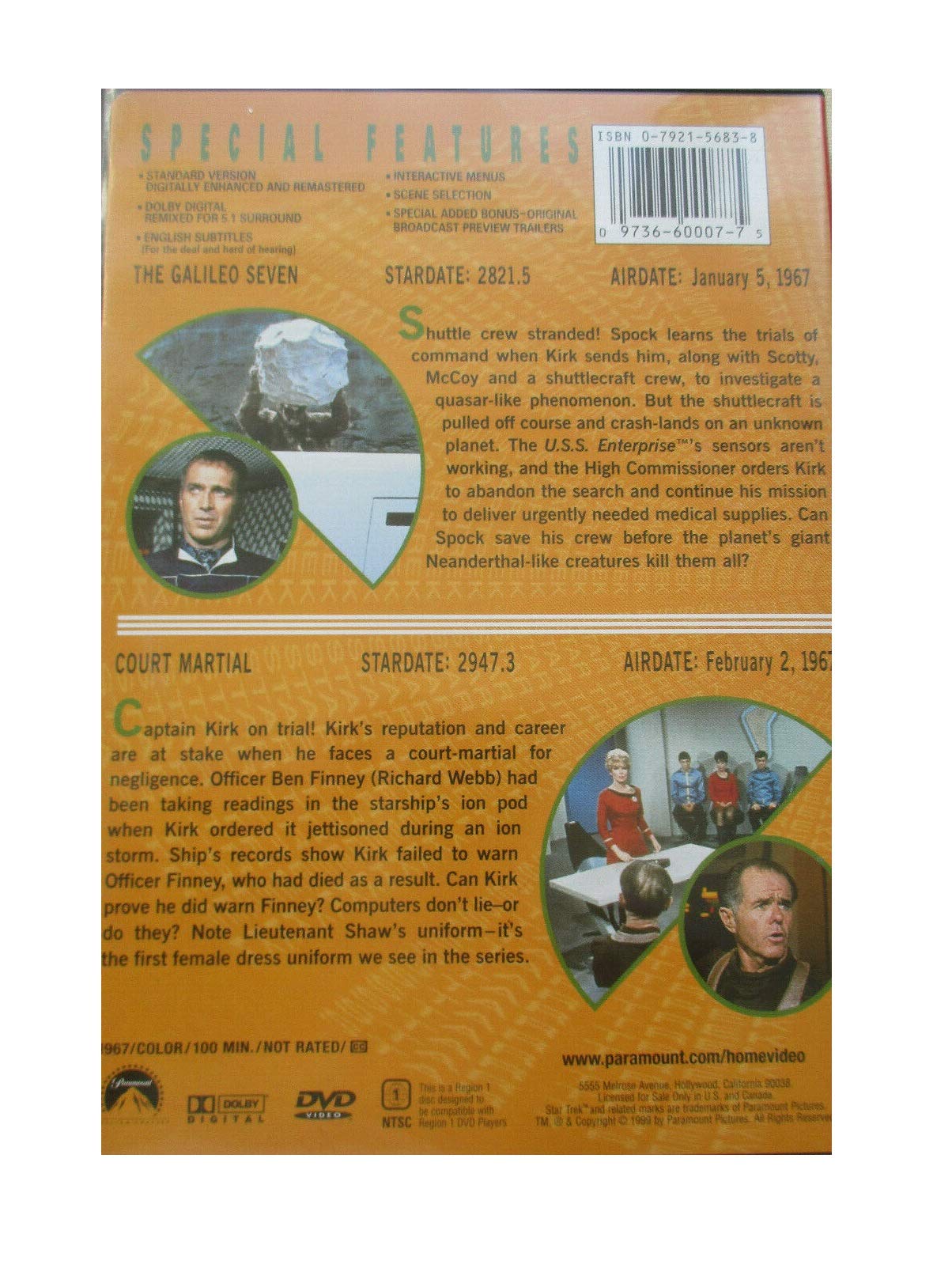 Star Trek The Original Series Vol 7 Double Episode DVD - Ep 14 - The Galileo Seven / Ep 15 - Court Martial - Region 1 USA Import