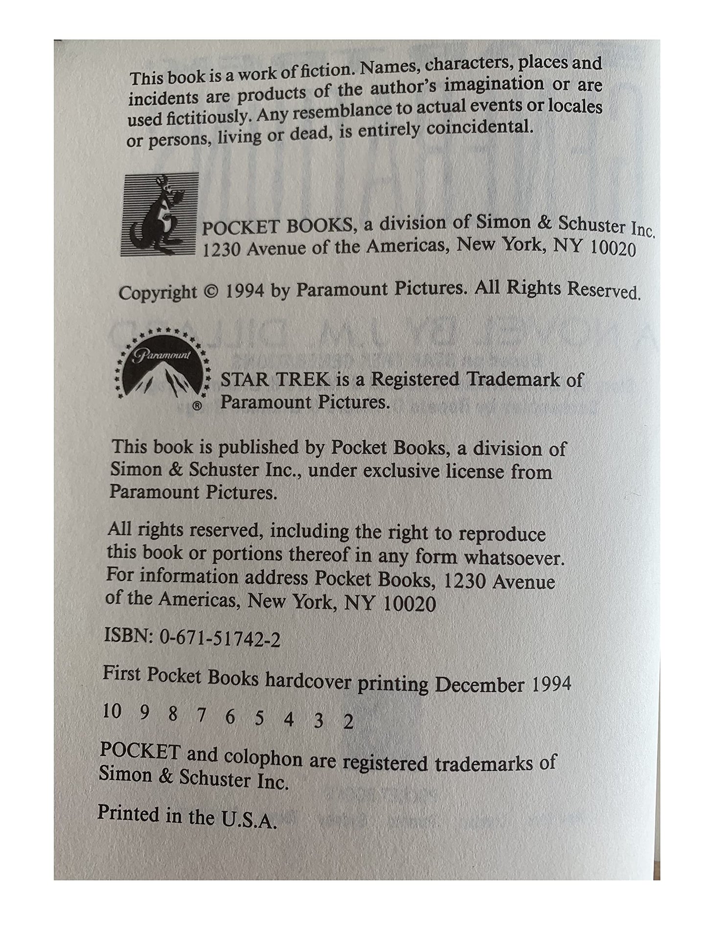 Vintage 1994 Star Trek Generations Hard Back Book - A Novel By J.M. Dillard - Unsold Shop Stock